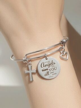 Angels Are With You 🤍 Faith Cross Heart Stainless Steel Charm Bracelet Bangle